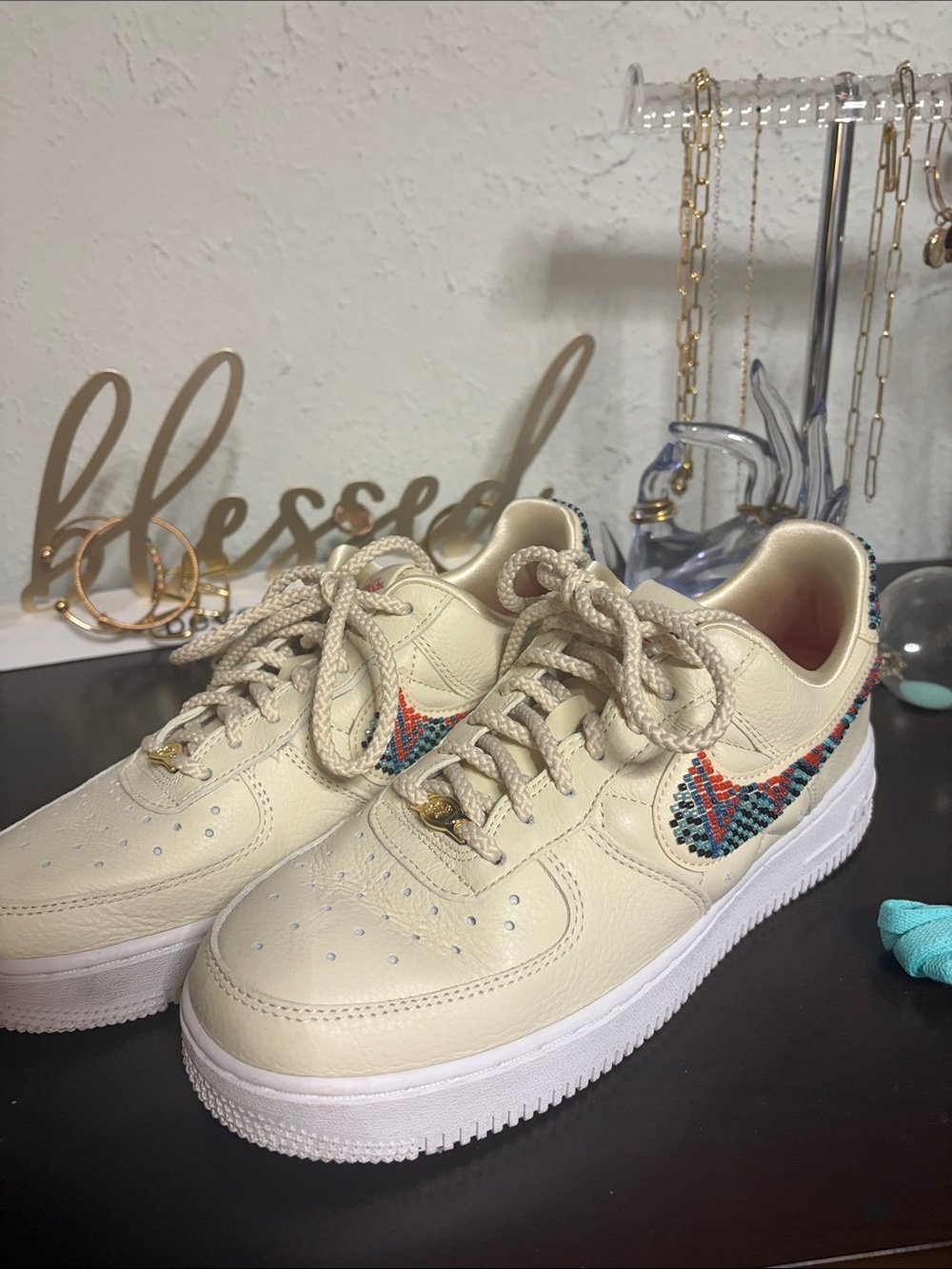 Nike Cream Leather Women's Sneakers with Multicolor Beaded Swoosh